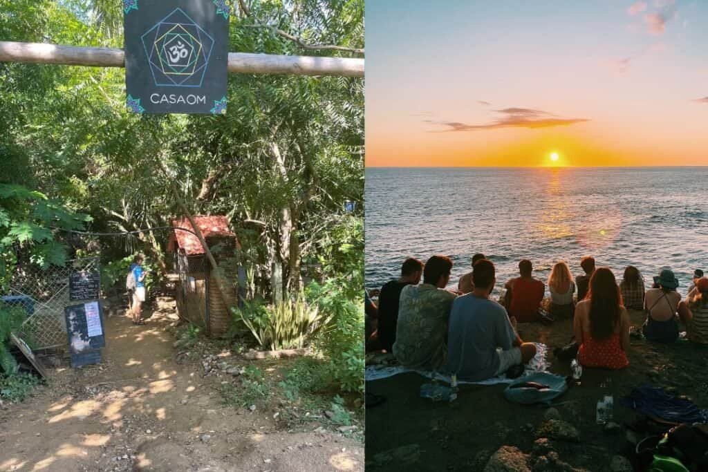 Casaom eco-friendly hostel entrance surrounded by greenery, sustainable travel, lush nature, barefoot backpackers.