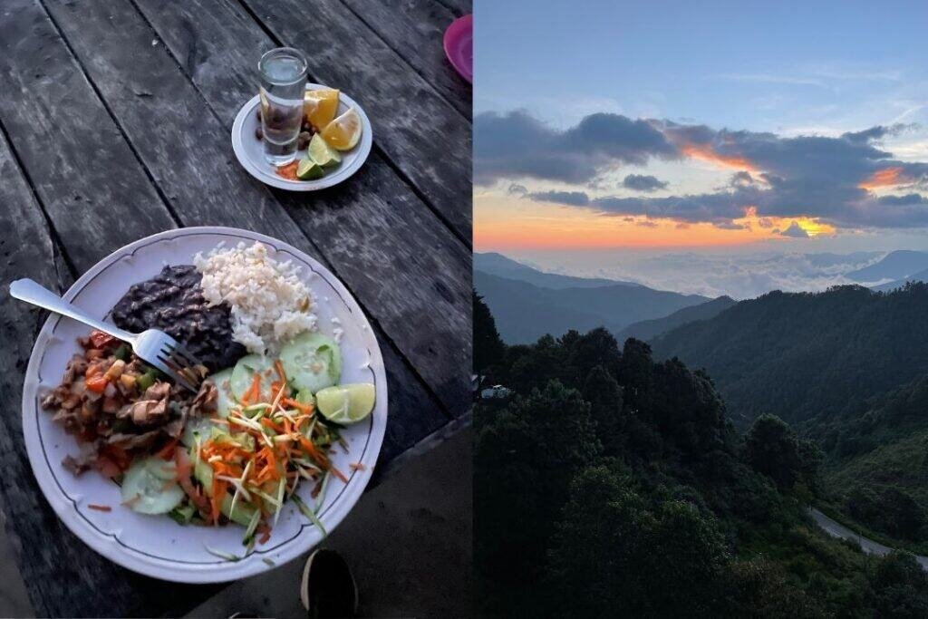 Fresh traditional Costa Rican meal with rice, beans, vegetables, and lime, served on rustic wooden table at Barefoot Backpackers.