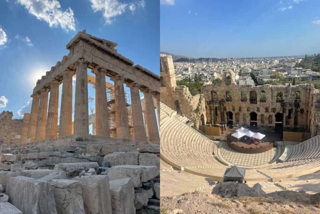 Ancient Greek Parthenon temple ruins at sunset, iconic historical monument in Athens, Greece, showcasing classical architecture and heritage.