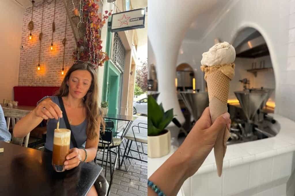 Richly styled coffee shop interior with warm lighting and brick wall, featuring a woman enjoying a layered iced drink at barefootbackpackers.com.