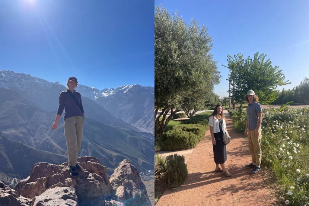 A breathtaking mountain landscape with two backpackers sitting on a rock, enjoying the view of rugged peaks and deep valleys, emphasizing adventure, hiking, and travel experiences.