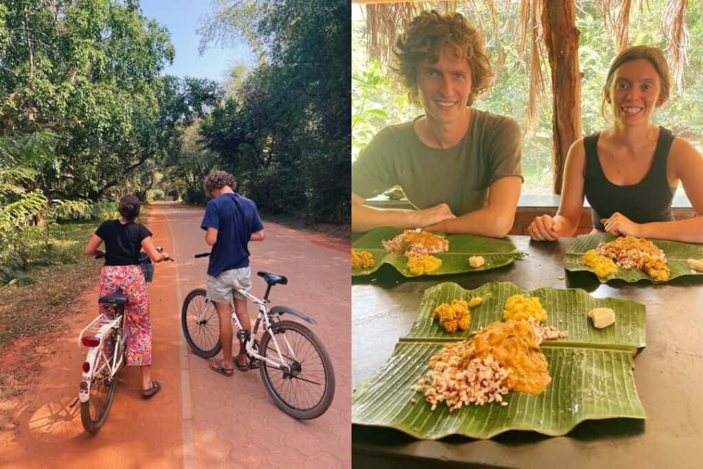 Auroville Cyclists exploring a lush forest trail, embracing eco-friendly outdoor adventure in nature.