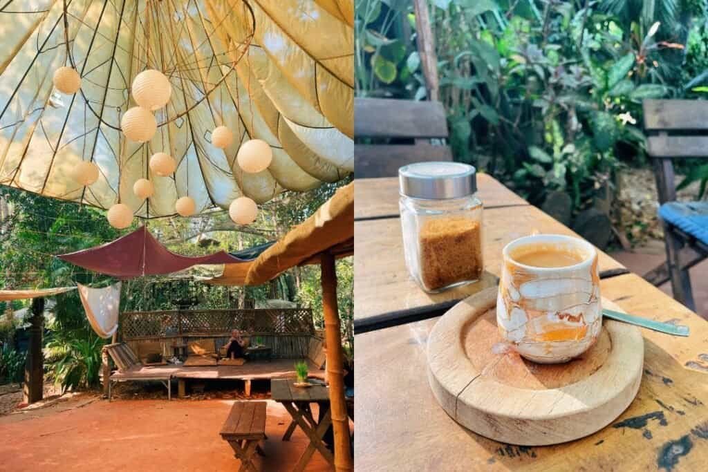 Bhakir Kutir A cozy outdoor jungle cafe with hanging lanterns and lush greenery, perfect for mindful relaxation in nature.