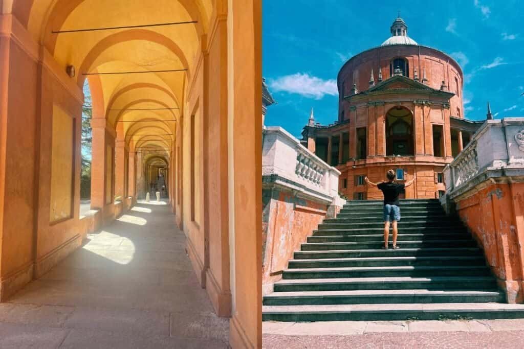 Ancient architectural arches and colorful historic buildings in Italy, perfect for backpackers seeking cultural travel and sightseeing adventures.