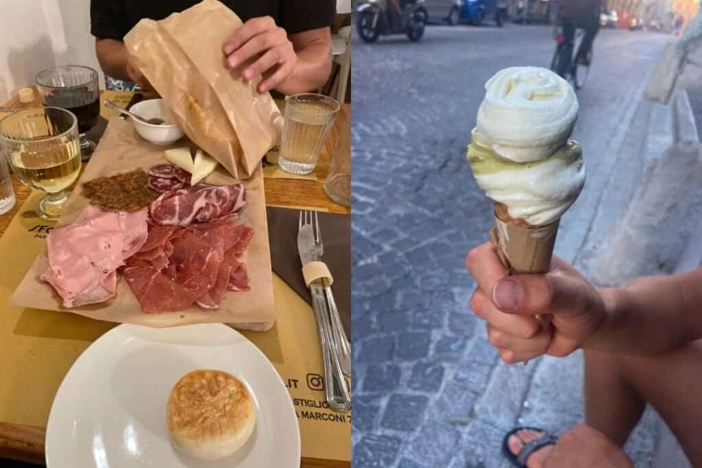 Thinly sliced cured meats and cheese platter at a cozy Italian restaurant, served with wine and bread, perfect for a relaxing meal in Italy.