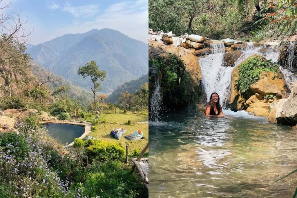 Camping Serene mountain landscape with lush greenery and a small pond, capturing the essence of sustainable and mindful outdoor relaxation.