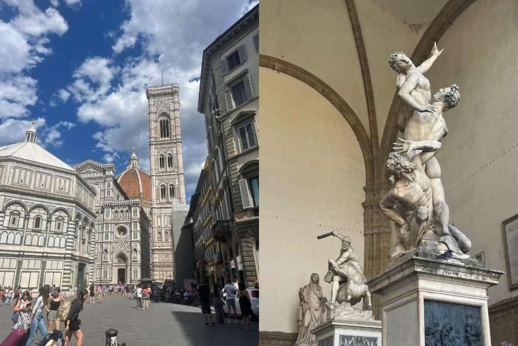 Vibrant Florence cityscape with historic churches and bustling streets, showcasing Italy's rich architecture and culture at Barefoot Backpackers.