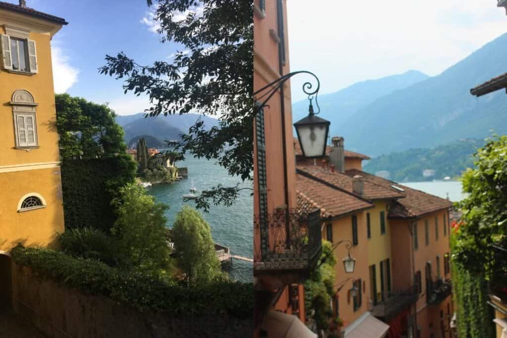Lakeside European village scenery with colorful buildings, lush greenery, mountain views, and picturesque streets, perfect for travel and sightseeing.