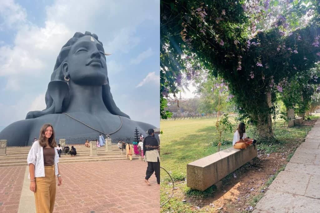 Isha Majestic giant statue of a serene woman with flowing hair, set against a cloudy sky, representing spiritual strength and cultural heritage.