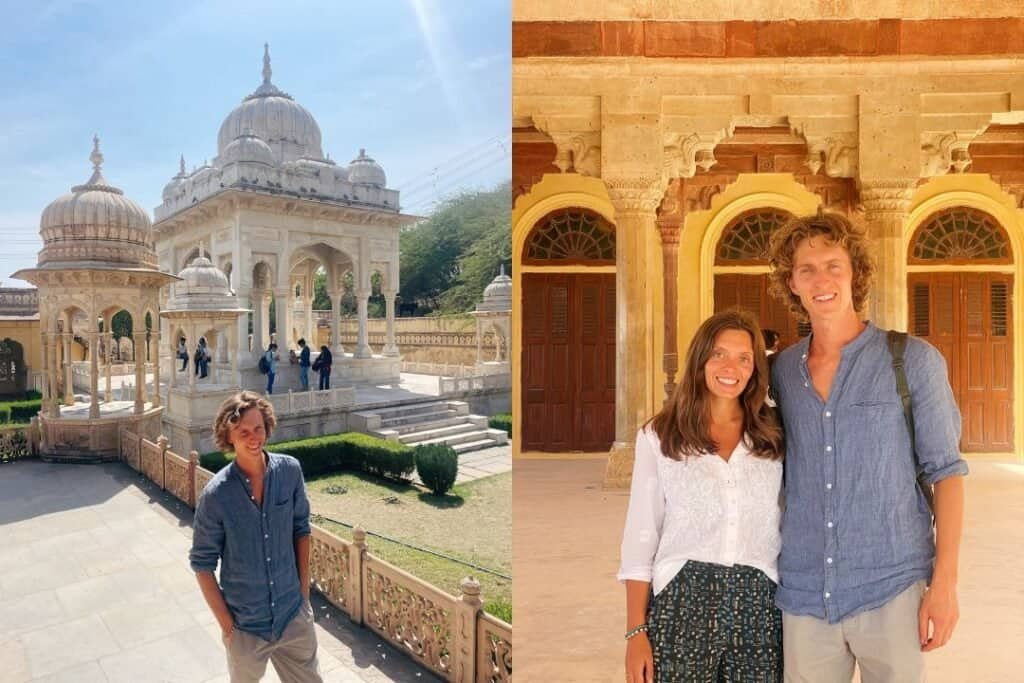 Jaipur Intricate white marble architecture of an ancient Indian monument, with a young traveler exploring its serene surroundings and historical grandeur.