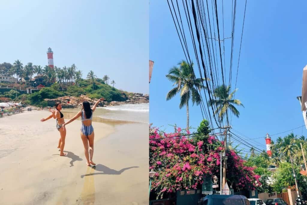 Kovalam Lighthouse on a lush hillside overlooking a sandy beach with palm trees and two women enjoying a sunny day by the sea.