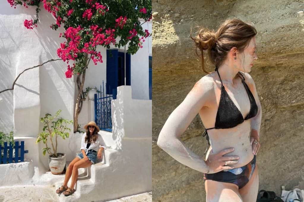 Bright Mediterranean scenery with whitewashed buildings, blue accents, and vibrant flowers, perfect for barefoot backpackers exploring idyllic coastal destinations.
