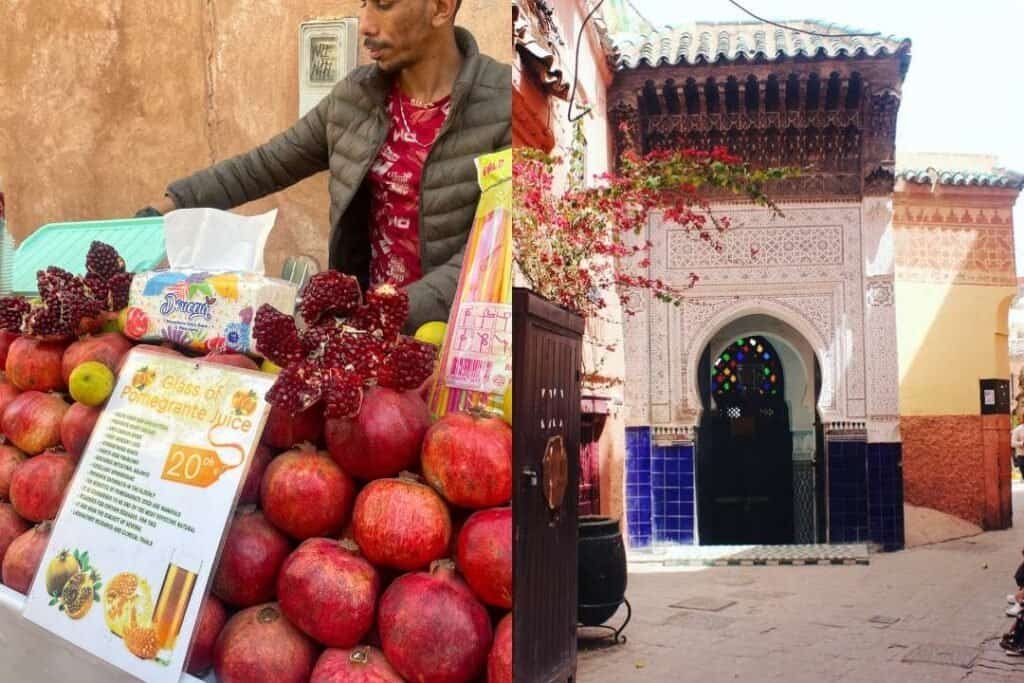Vibrant local market scene featuring fresh pomegranates and blackberries alongside a historic, ornately decorated building in Mexico, perfect for travelers exploring authentic destinations.