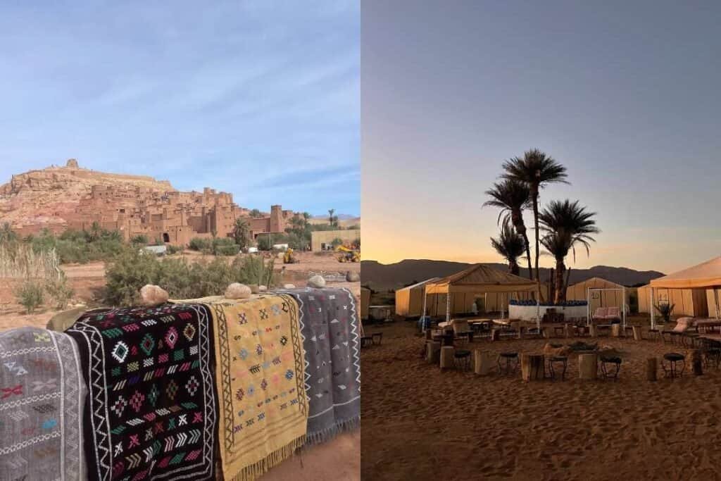 Colorful handmade rugs hanging in a desert landscape at barefoot backpackers.