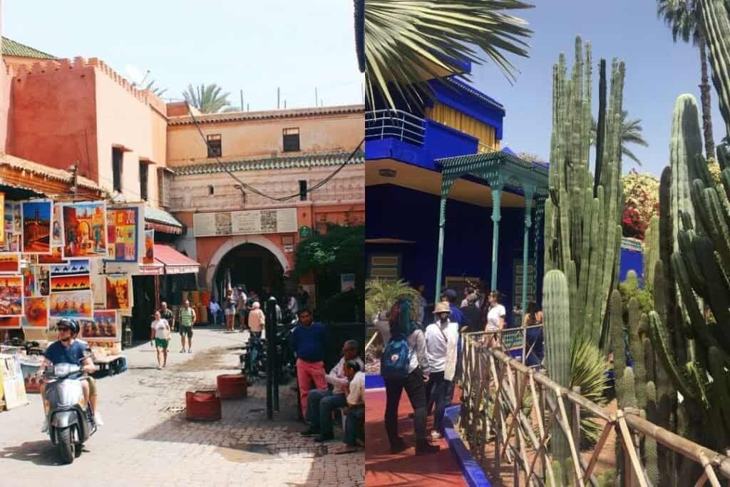 Colorful marketplace scene in Marrakech, Morocco, featuring traditional architecture, vibrant art stalls, street vendors, and tourists exploring local culture. Perfect for travelers seeking authentic Moroccan experiences.