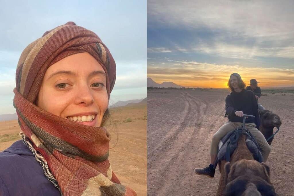 Wanderer enjoying desert sunset adventure with local guides and camel riding experience in Morocco. Perfect for backpackers seeking authentic travel and outdoor explorations.