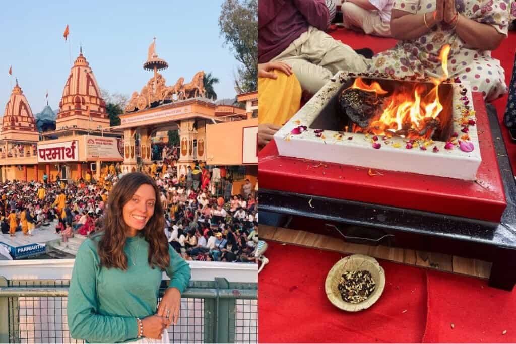 Parmarth Niketan A woman smiling at an outdoor temple festival in India with a large crowd in the background.