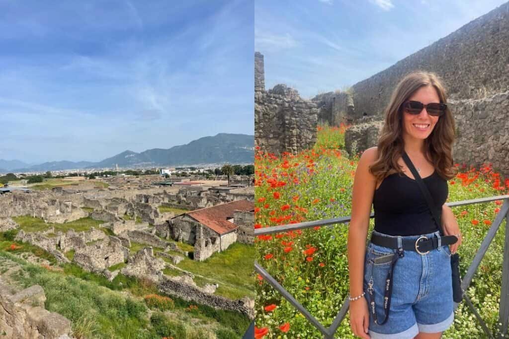 Vibrant travel adventure photo showcasing ancient ruins and a smiling woman in colorful flowers, perfect for travel blog and adventure keywords.