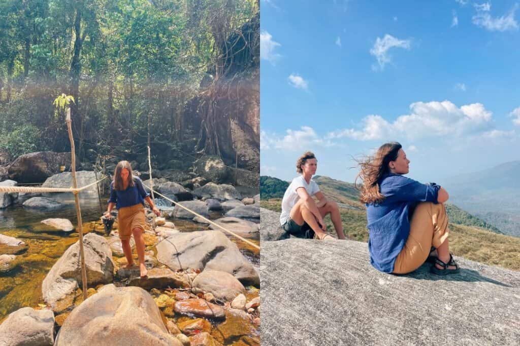 Ponmundi Serene woman crossing a natural stream in lush green forest, sustainable adventure travel.