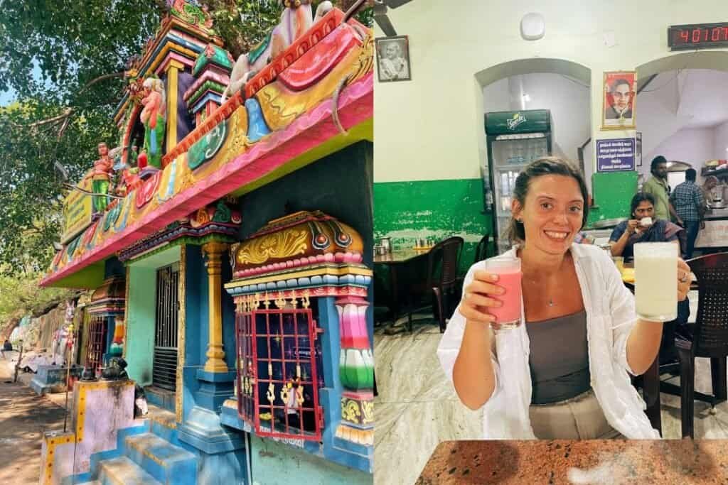 Ponucherry Colorful Hindu temple exterior with vibrant decorations and statues, showcasing traditional temple architecture and spiritual artistry.