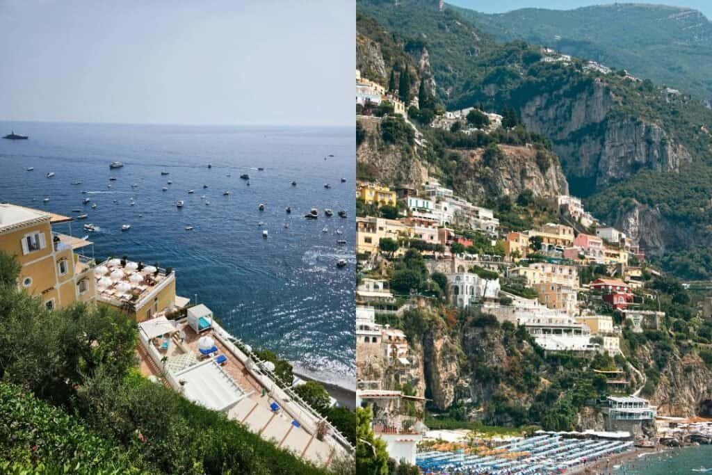 Breathtaking coastal views of Amalfi Coast, Italy, with colorful hillside villas and sparkling Mediterranean Sea, perfect for backpackers and travelers seeking scenic destinations.