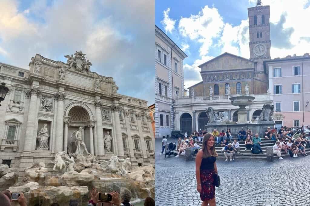 Ornate historic fountains and architecture in Rome Italy, popular tourist attractions, showcasing classical sculptures and bustling city squares.