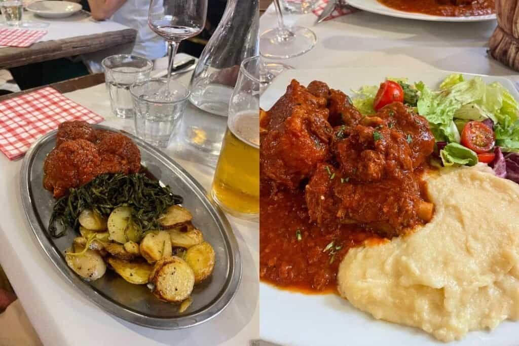 Delicious traditional European-style dishes served at Barefoot Backpackers, featuring hearty meats, roasted vegetables, and creamy mashed potatoes in a cozy hostel dining setting.