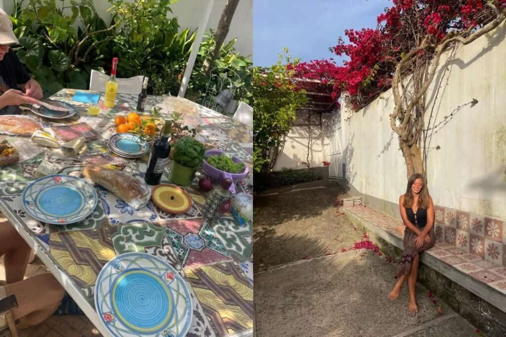 Colorful outdoor dining setup with traditional ceramic plates, fresh ingredients, and vibrant surroundings at Barefoot Backpackers.