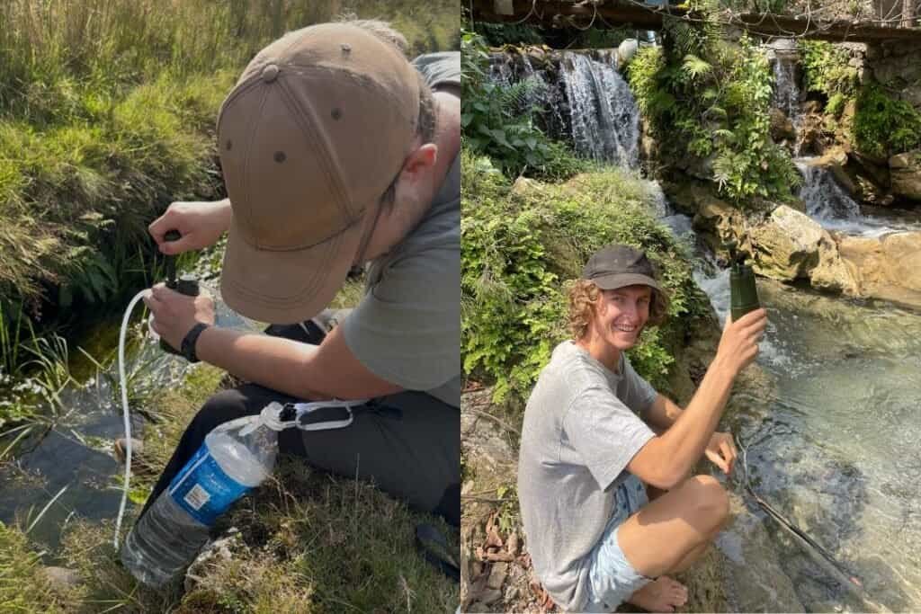 Refreshing outdoor adventure with barefoot backpackers exploring nature, stream sampling, and enjoying waterfalls, perfect for eco-friendly travel and wilderness hiking enthusiasts.
