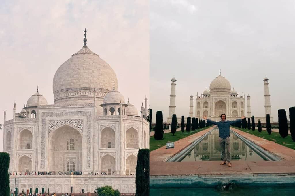 Taj Mahal (2) Majestic Taj Mahal in Agra, India with a traveler enjoying its beauty; emblem of love and one of the world's most iconic monuments; celebrating cultural heritage.