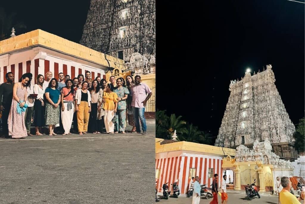 Thanumalayan Temple Vibrant group of travelers exploring the illuminated Sri Ranganathaswamy Temple at night, capturing the essence of mindful, cultural immersion.