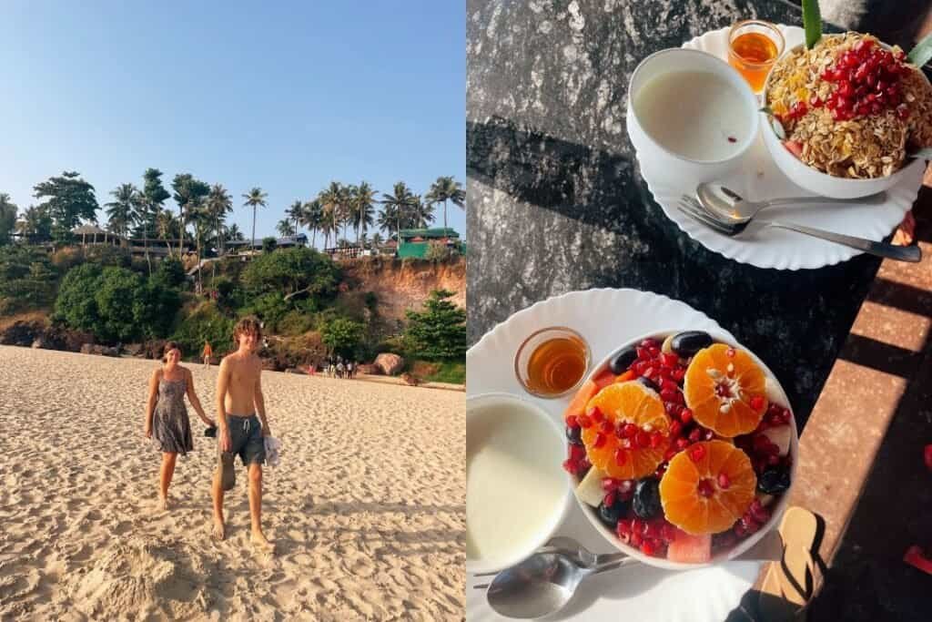 Varkala Beach scene with a couple walking on the sandy shore and lush greenery in the background, embodying peaceful coastal travel.