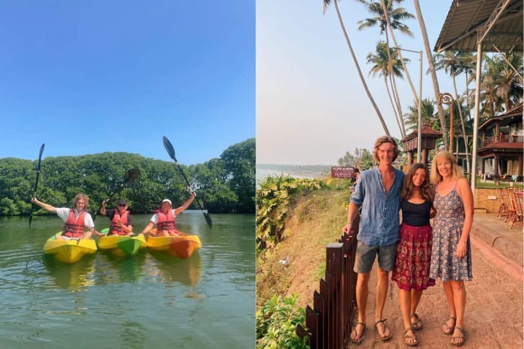 Varkala (2) Kayakers enjoying a peaceful river in lush greenery on a sunny day.