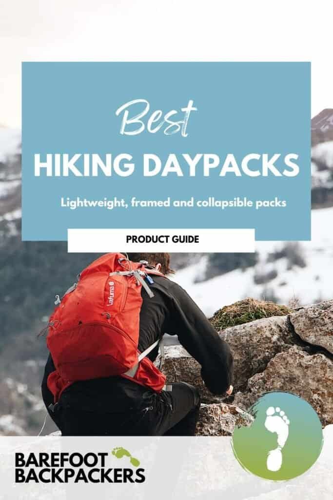 Comfortable hiker with a red backpack on rocky mountain terrain, promoting lightweight and collapsible hiking daypacks for outdoor adventures.