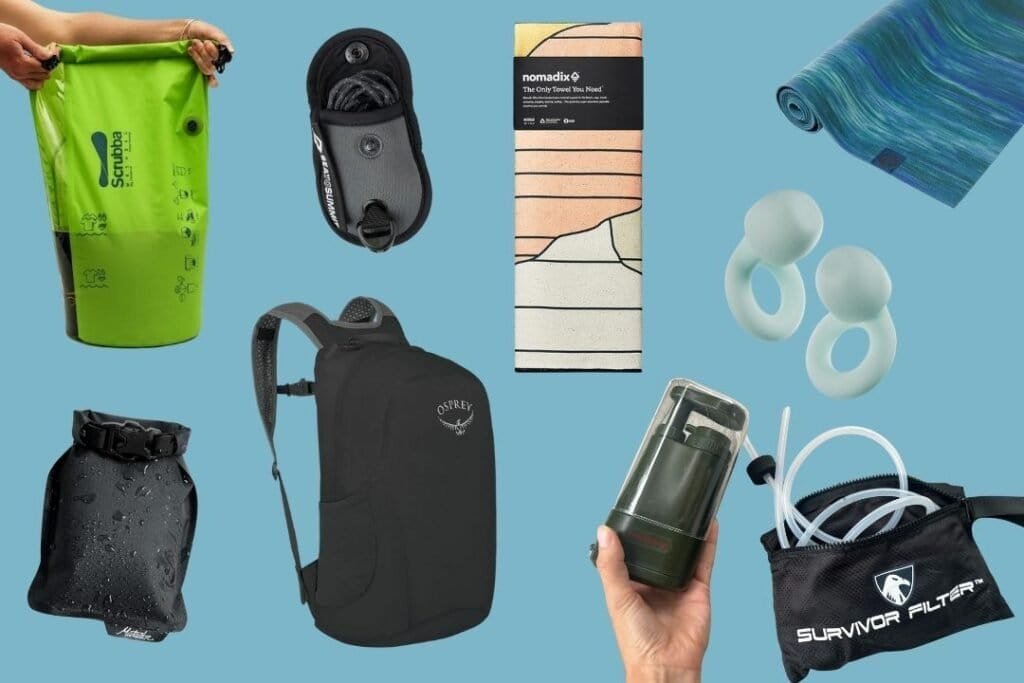Backpacking Essentials Compact dry bag and water filter system for eco-friendly travel and outdoor adventures, promoting sustainable, mindful exploration.