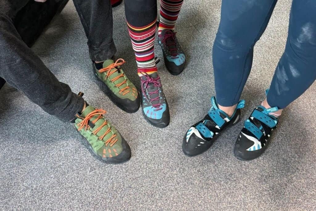 Climbing shoes on feet, indicating an eco-conscious, adventure-focused activity for mindful explorers.