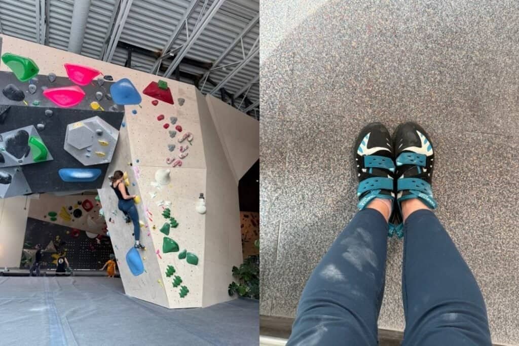 Climber indoors at a bouldering gym and person wearing climbing shoes on a textured floor, showcasing mindful adventure and active lifestyle.