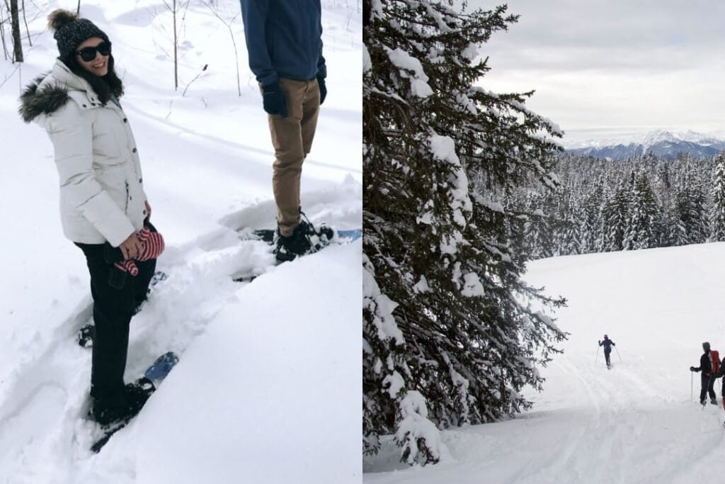 Snowshoeing in the winter Deer winter landscape with snow-covered trees and hikers skiing in the distance, showcasing a peaceful, sustainable outdoor adventure.