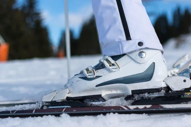 Ski boots on snow overlooking a winter landscape.