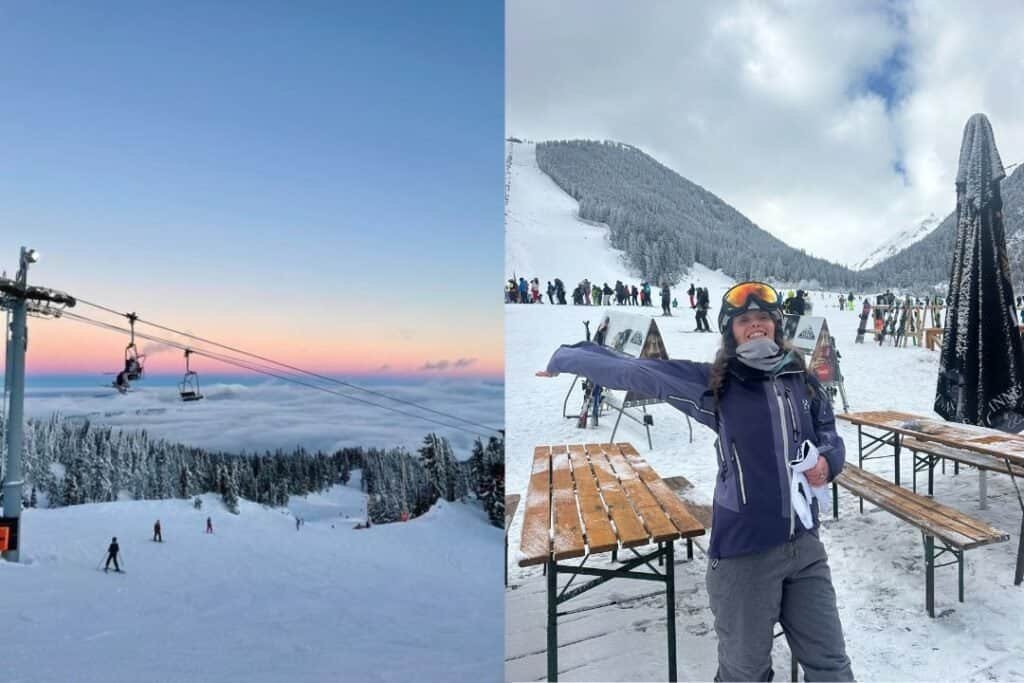 Aerial view of snow-covered ski slopes at sunset and a joyful skier in winter gear at a mountain resort.