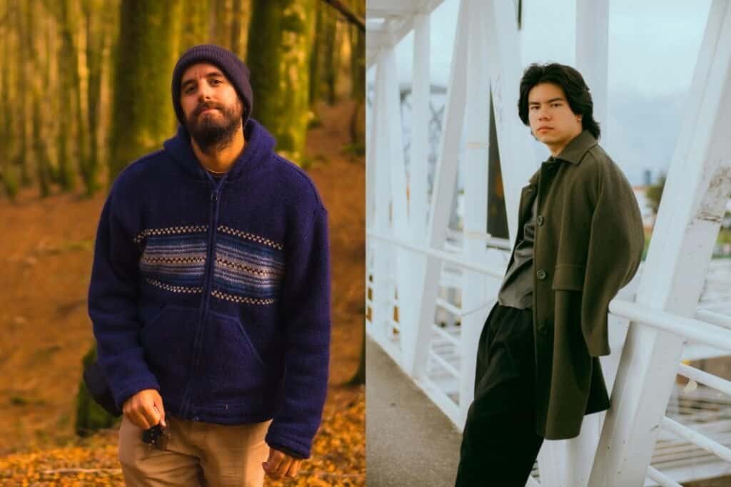 Cozy man in a forest during autumn, wearing a patterned navy sweater and beanie.