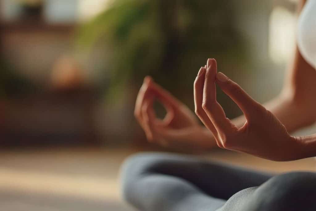 Silhouette of a person practicing yoga on a 100% cotton yoga mat while doing meditation outdoors, fostering mindfulness and grounding amidst nature's tranquility.