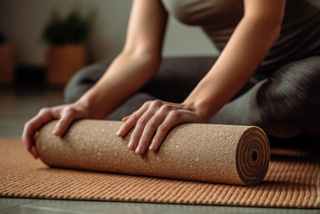 Relaxing yoga practice on a cork mat for mindful, sustainable living and holistic wellness.