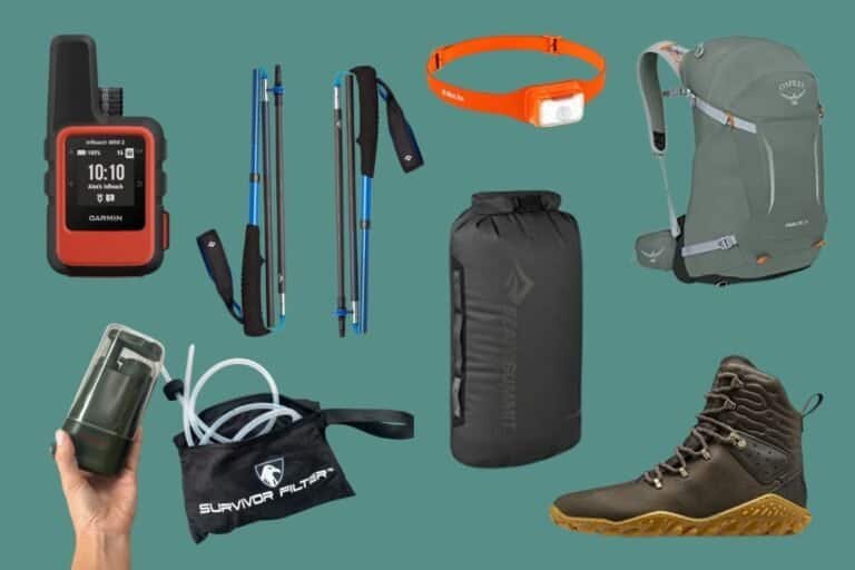 Hiking gifts laid out: GPS, poles, headlamp, water filter, daypack and boots