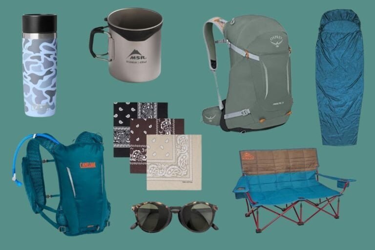 An insulated reusable water bottle and camping gear.