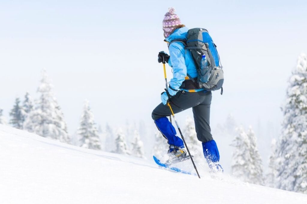 A hiker in winter gear snowshoeing through a snowy landscape with evergreen trees in the background.