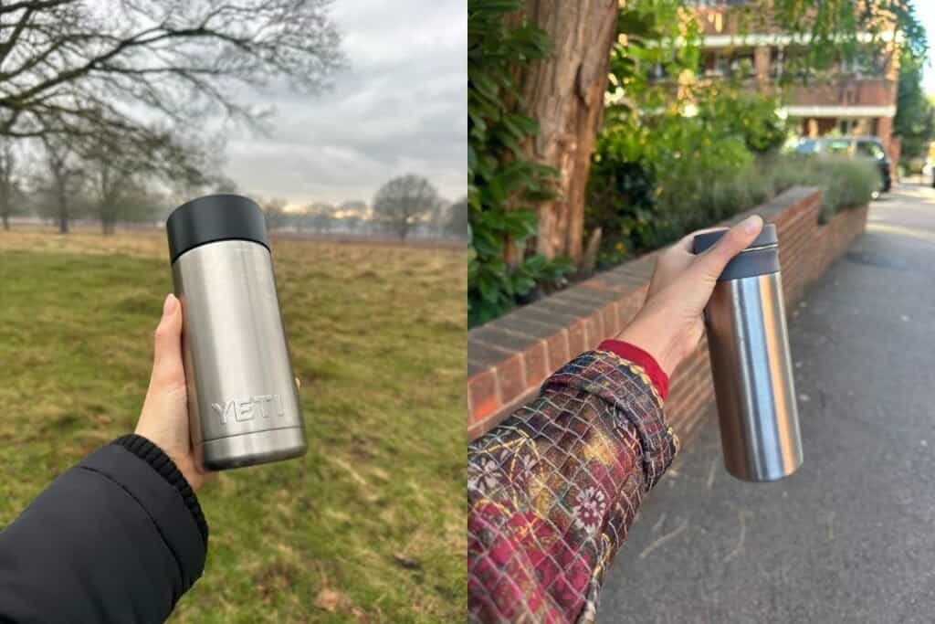 Durable stainless steel travel mug for sustainable, mindful adventures and grounded exploration.