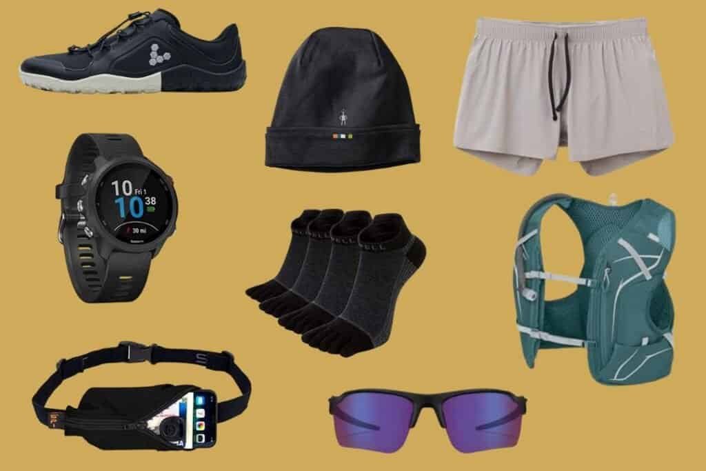 A collection of outdoor and travel essentials including running shoes, a smartwatch, beanie, shorts, hydration pack, socks, waist pouch, sunglasses, and trekking backpack.