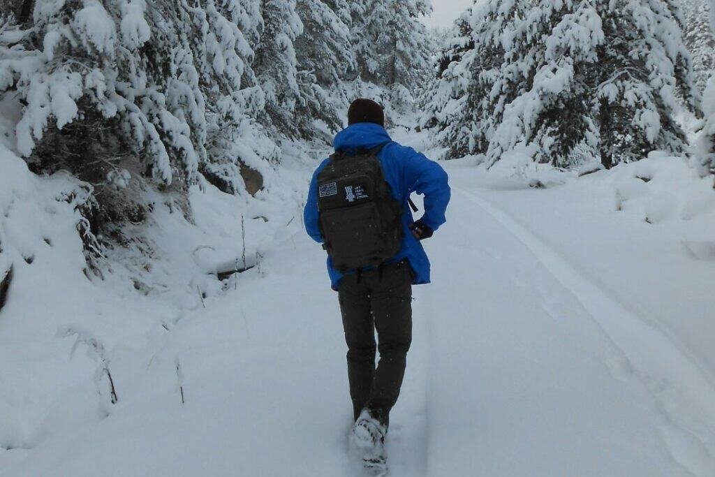 A hiker walking through a snow-covered forest wearing eco-friendly outdoor clothing, highlighting sustainable travel and grou.
