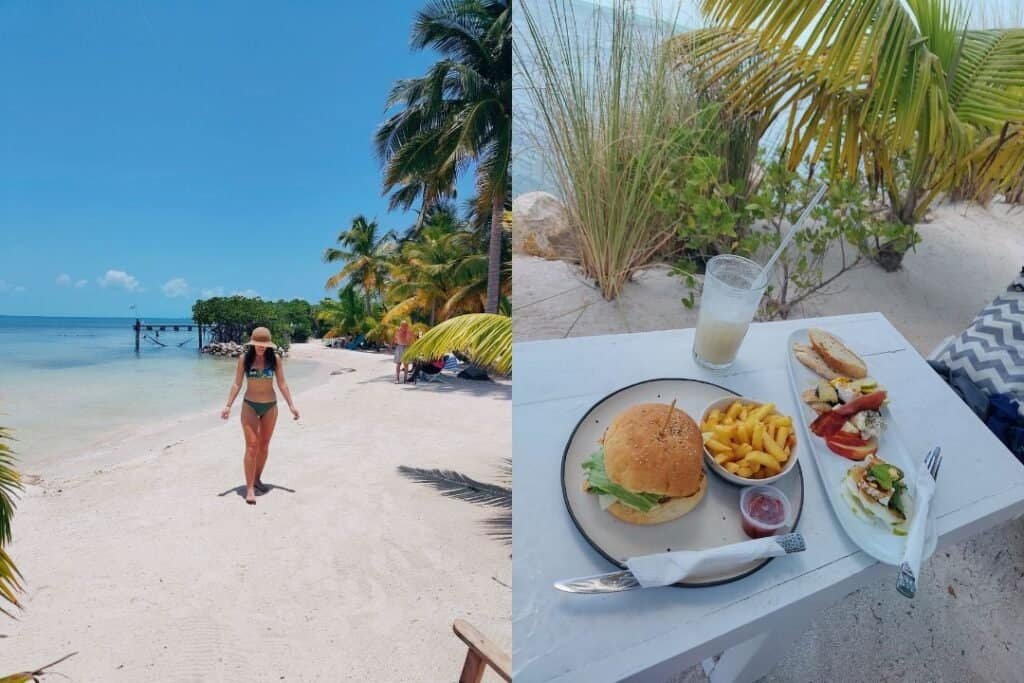 Serene beach scene in Caye Caulker with palm trees, clear blue sky, and a barefoot traveler enjoying the natural beauty of Be.